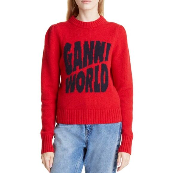 GANNI World Graphic Wool Blend Sweater In Barbados Cherry - Picture 3 of 9